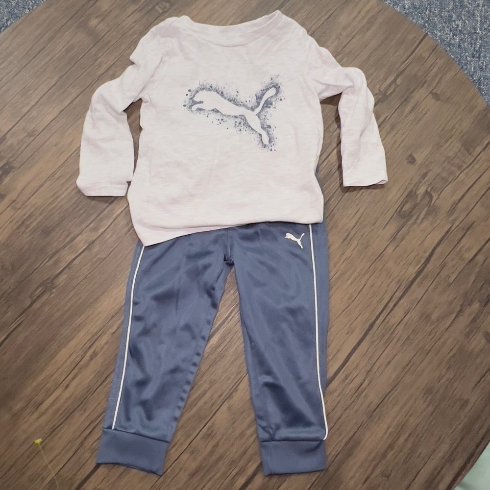 PUMA Outfit Elastic Waist Blue Pants. Heather Grey Long Sleeve Puma Logo…